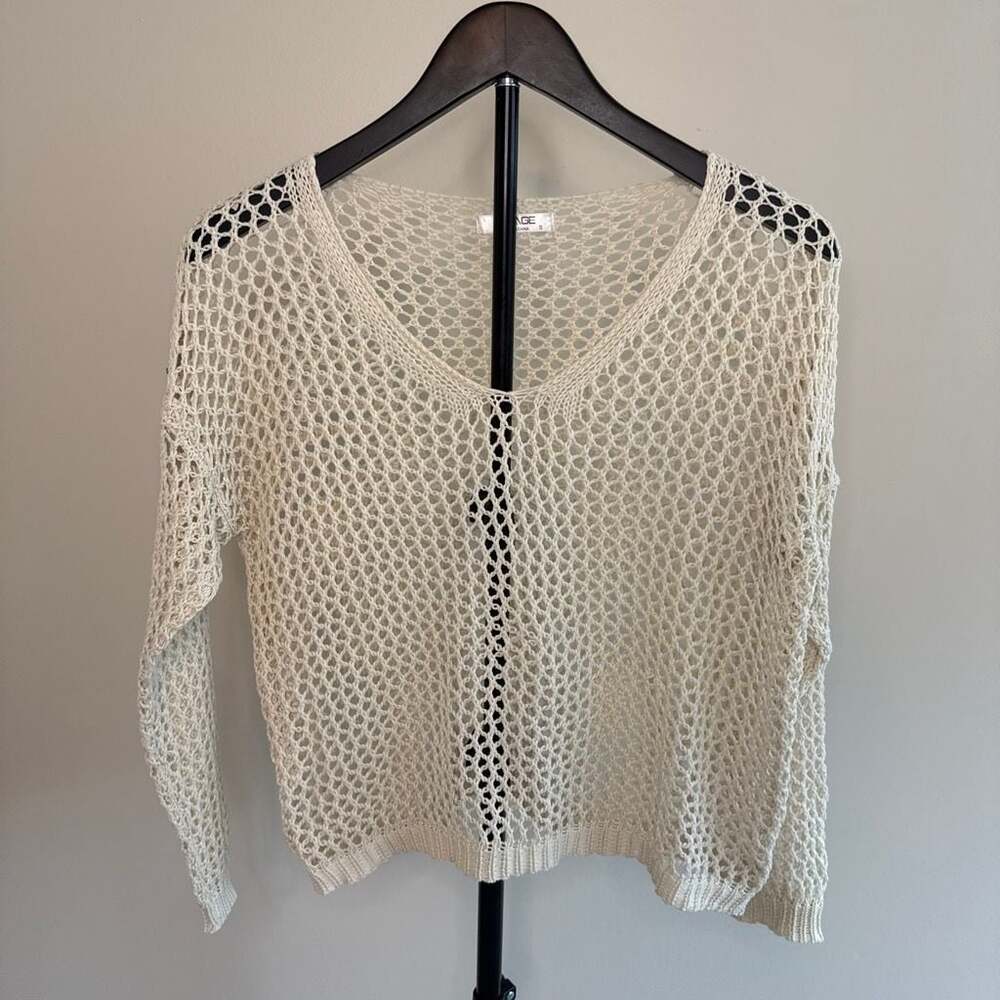 AIMAGE Cream Crochet Open-Knit Long Sleeve V-Neck Sweater-S